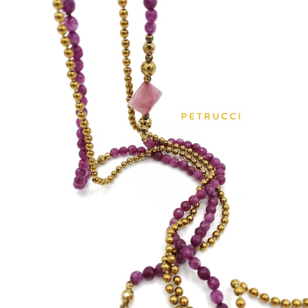 Sautoir fuchsia et doré, Collier Liberty, Collier hématite or, Collier agate colorée, Collier femme de pierres, créations en pierres,