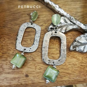 apple green earrings, brass and crystal earrings, silver and light green earrings, maxi earrings, geometric earrings, brass earrings