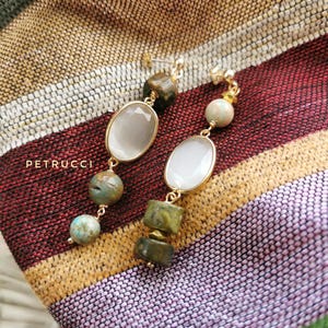 military green earrings, asymmetrical earrings with stones, rhyolite earrings, different earrings with stones, green stone earrings,