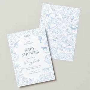Editable Blue Safari Toile De Jouy Baby Shower Digital Invite