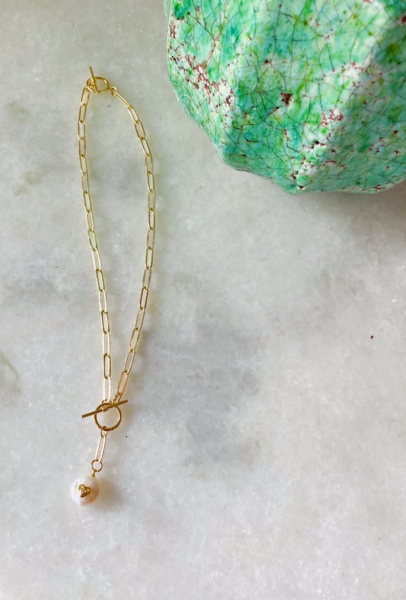 Magnolia Pearl Necklace With Charm Gold Paperclip Link Chain Etsy