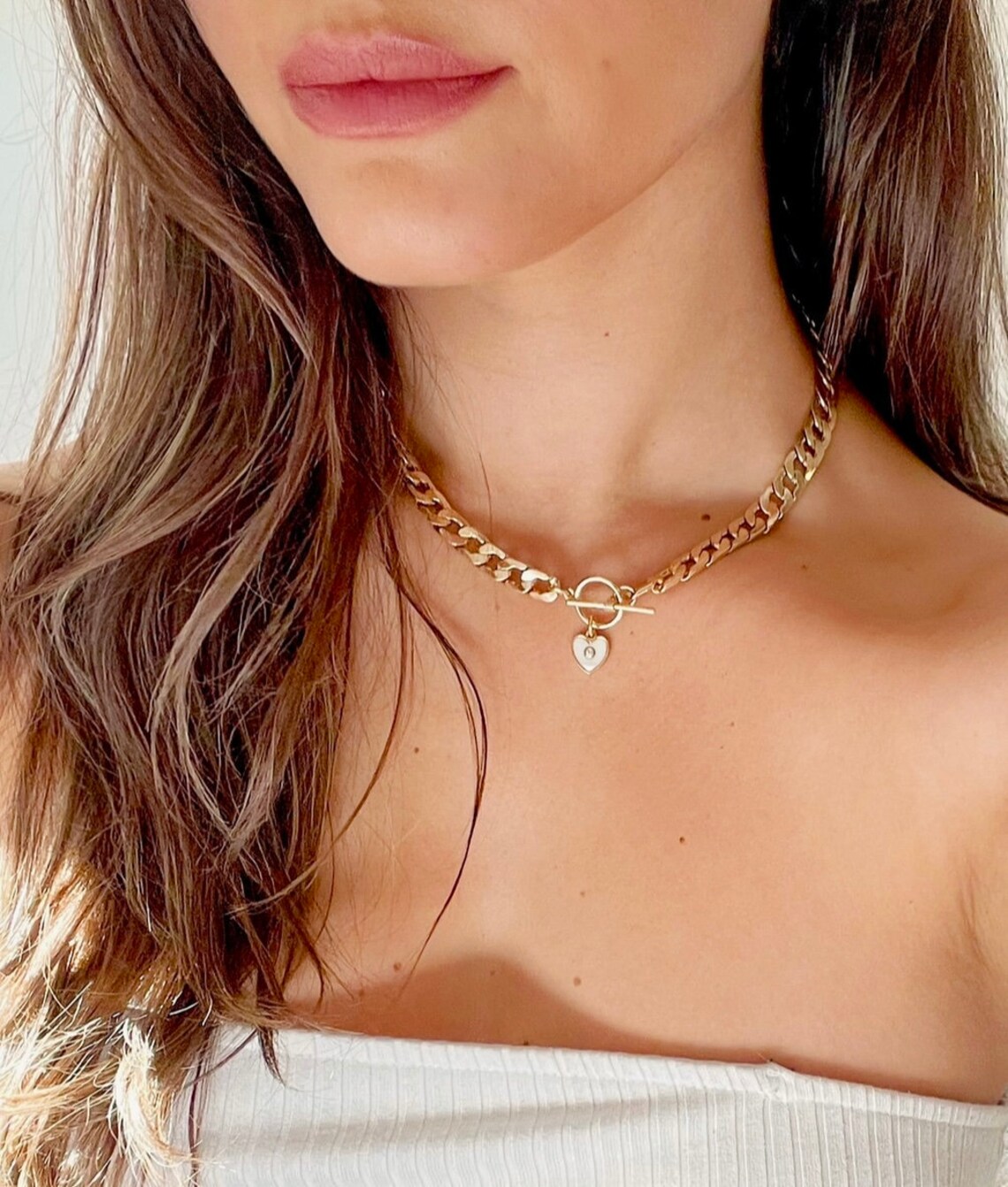 Mother of Pearl Heart Toggle Necklace 18k Gold Chunky Chain Etsy