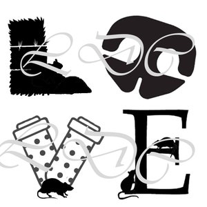 May include: Black and white graphic design spelling out the word "LOVE". The letter "L" is a silhouette of a landscape, "O" is a shape, "V" is two dotted containers, and "E" has a silhouette of a rat.