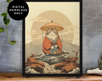 Japanese Cat Ukiyo-e Art Print - Cat with Umbrella (Digital Download)