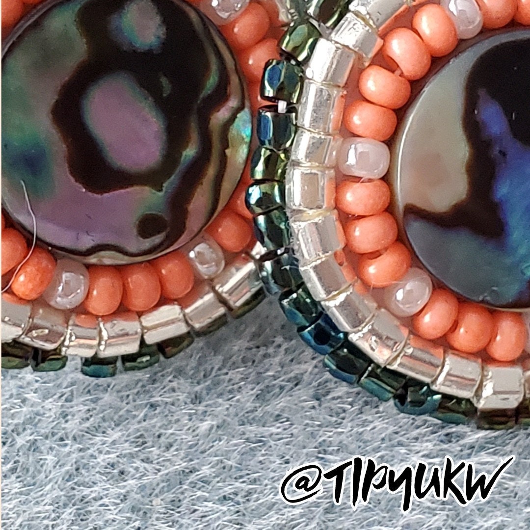 Salmon Stud Earrings with Abalone Detail Etsy