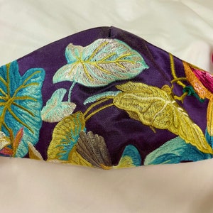 tropical mask--Hawaiian mask-silk mask-embroidered silk mask-tropical face covering-nose wire-adjustable-3 layer-filter pocket-Made in USA