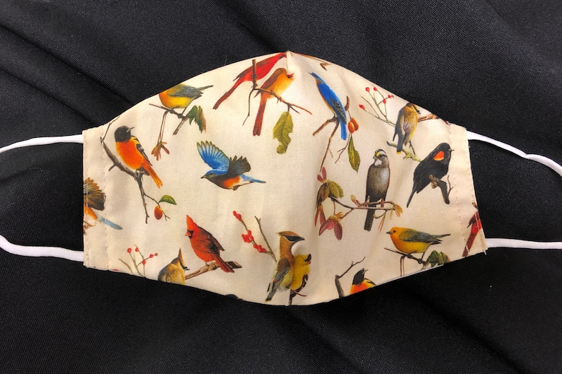 May include: A white fabric face mask with a colorful bird print. The mask features a variety of birds, including cardinals, bluebirds, and yellow finches, all perched on branches with red berries.