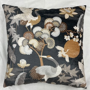 egret pillow cover-crane pillow cover-asian inspired pillow-asian art pillow-grey and gold pillow-bird pillow-velvet bird pillow-made in usa