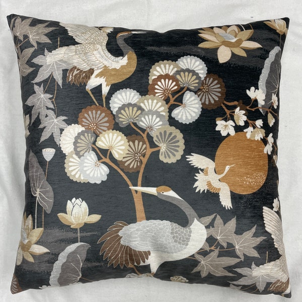 egret pillow cover-crane pillow cover-asian inspired pillow-asian art pillow-grey and gold pillow-bird pillow-velvet bird pillow-made in usa