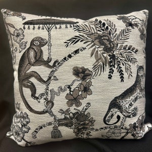 monkey pillow-monkey pillow cover-leopard pillow-jungle pillow-black and white  pillow-jungle scene pillow--made in Usa-black pillow