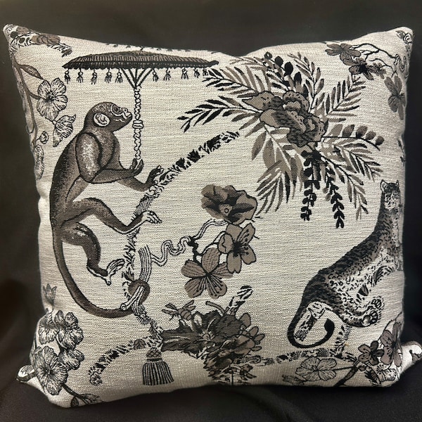 monkey pillow-monkey pillow cover-leopard pillow-jungle pillow-black and white  pillow-jungle scene pillow--made in Usa-black pillow