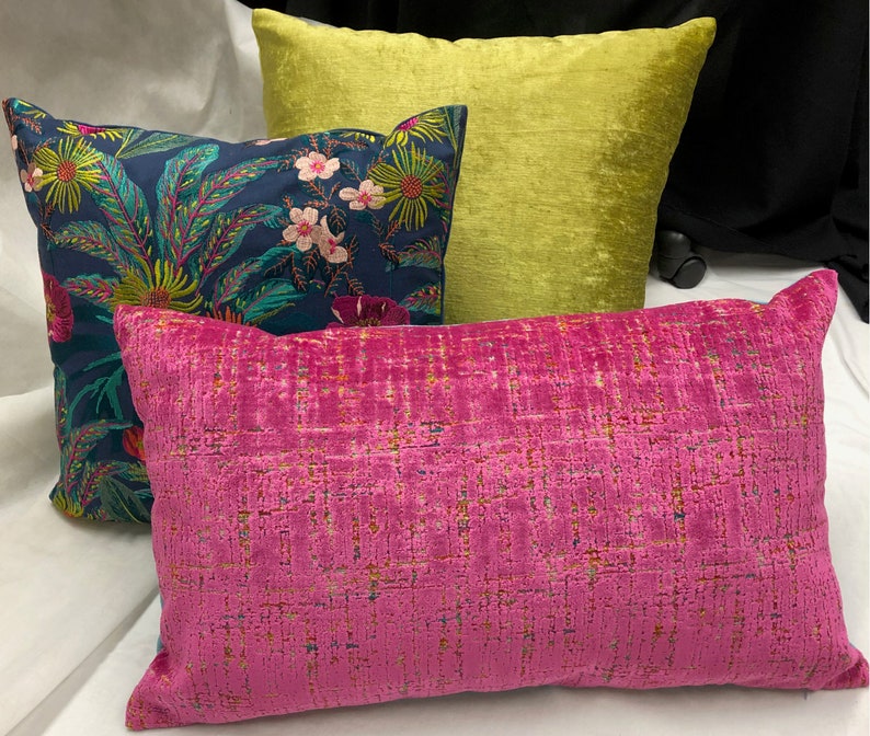 embroidered cotton pillow cover-cut velvet pillow cover-coordinating pillows-fuschia velvet pillow-velvet pillow cover-matching pillows-USA image 1