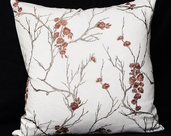 embroidered linen pillow cover-toss pillow- embroidered pillow-linen pillow-throw pillow-sofa pillow-decorative pillow-cherry blossom-brown