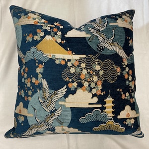 Egret pillow-heron pillow-crane pillow-gold and navy pillow-chenille pillow-velvet pillow-velvet chinoiserie pillow-asian style pillow-USA