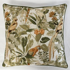 Tropical bird pillow cover-parrot pillow-green and beige jungle bird pillow-exotic bird pillow-macaw pillow-ivory and green bird pillow