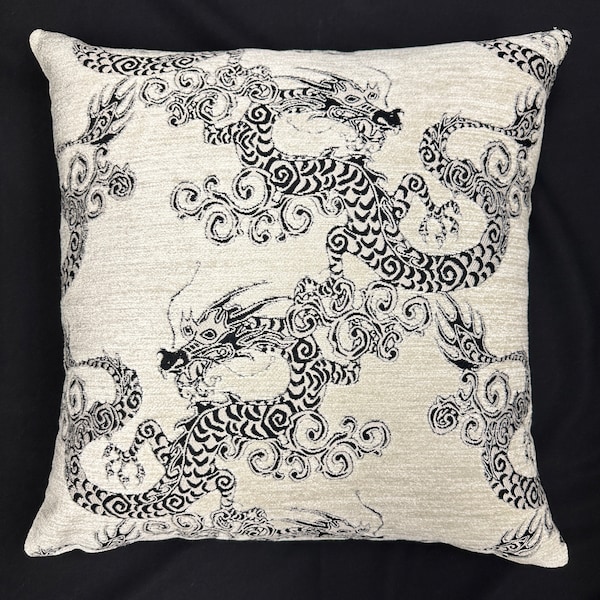 Chinese dragon pillow-velvet dragon pillow cover-dragon pillow-black and white velvet pillow-chenille dragon pillow-white and black dragon