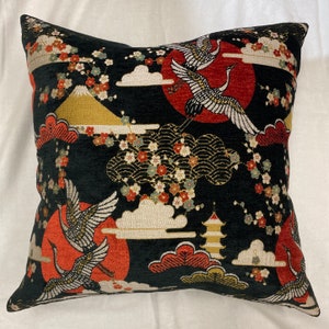 Egret pillow-heron pillow-crane pillow-black and orange pillow-chenille pillow-velvet pillow-chinoiserie pillow-asian style pillow-USA
