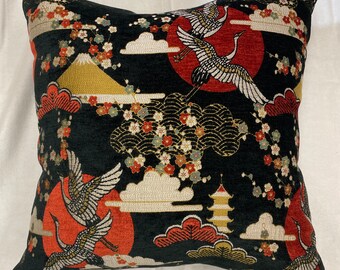 Egret pillow-heron pillow-crane pillow-black and orange pillow-chenille pillow-velvet pillow-chinoiserie pillow-asian style pillow-USA