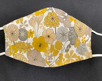 yellow floral face Mask-yellow and grey mask-3 layer -filter pocket-adjustable-nose wire-made in USA-floral mask-yellow and gray mask-sale