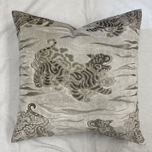 Tiger pillow cover-velvet tiger pillow cover-Cut velvet pillow-Chinese tiger pllow-Dancing tiger-Beige and grey velvet pillow-Burmese tiger