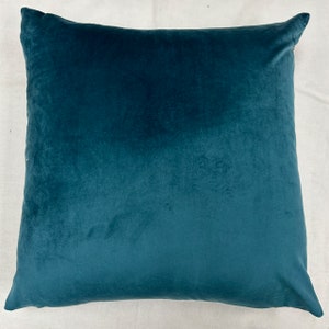 May include: A teal blue velvet pillow with a soft, plush texture. The pillow is square shaped and has a subtle sheen.