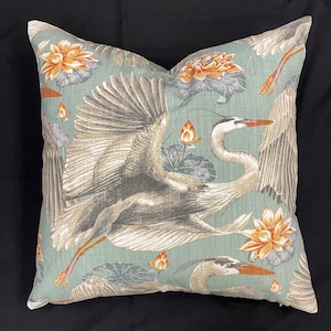 egret cotton pillow-Asian egret pillow cover-den pillow-spa bird pillow cover-bird pillow-teal pillow cover-crane pillow-crane pillow-USA