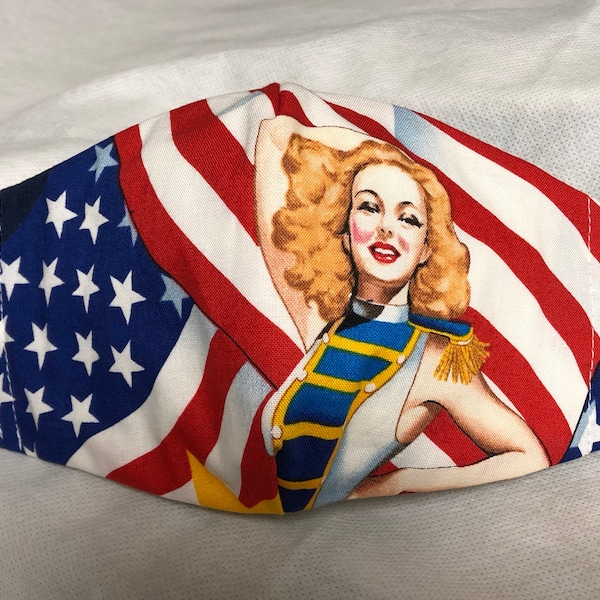 patriotic mask-red white and blue face covering-vintage pin up girls mask-50's vintage mask-adjustable-nose wire-3 layer-filer pocket-USA