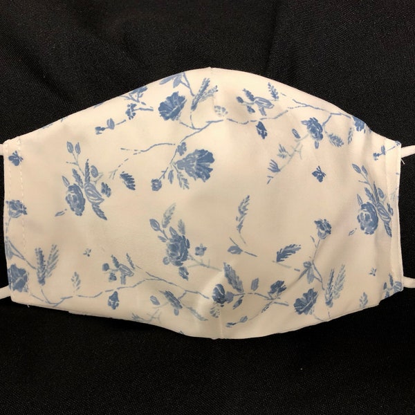 blue and white floral mask-blue flower mask-Cotton-Pocket Face Mask-filter pocket-3 layer-flexible nose wire-adjustable elastic-USA made