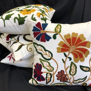 crewel embroidered pillow cover-18&quot; decorative pillow-toss pillow-throw pillow-crewel work pillow-made in India-abstract floral embroidery