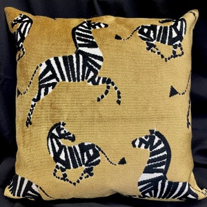 Zebra pillow cover-zebra velvet pillow-velvet pillows-saffron zebra-yellow zebra pillow cover-dancing zebras pillow cover-gold zebra pillow