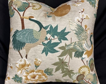 egret pillow-crane pillow cover-asian inspired pillow-asian art pillow-grey and gold pillow-bird pillow-velvet bird pillow-asian bird pillow