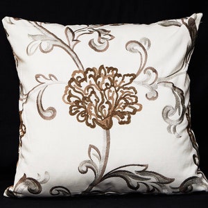 crewel embroidered pillow- cover-20&quot; square throw pillow-cotton embroidered floral pillow -toss pillow-sofa pillow-beige embroidered pillow