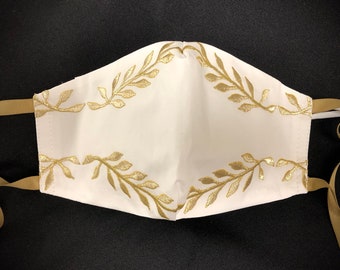 Embroidered wreath mask-metallic gold face covering-gold wreath mask-adjustable-nose wire mask-3 layer filter pocket mask-made in USA