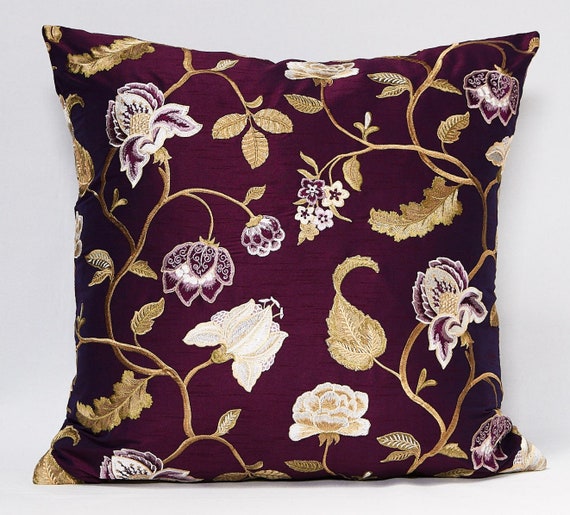 Jacobean floral embroidered pillow cover-polyester pillow-throw pillow-sofa pillow-decorative pillow-floral pillow-made in USA-purple Jacob