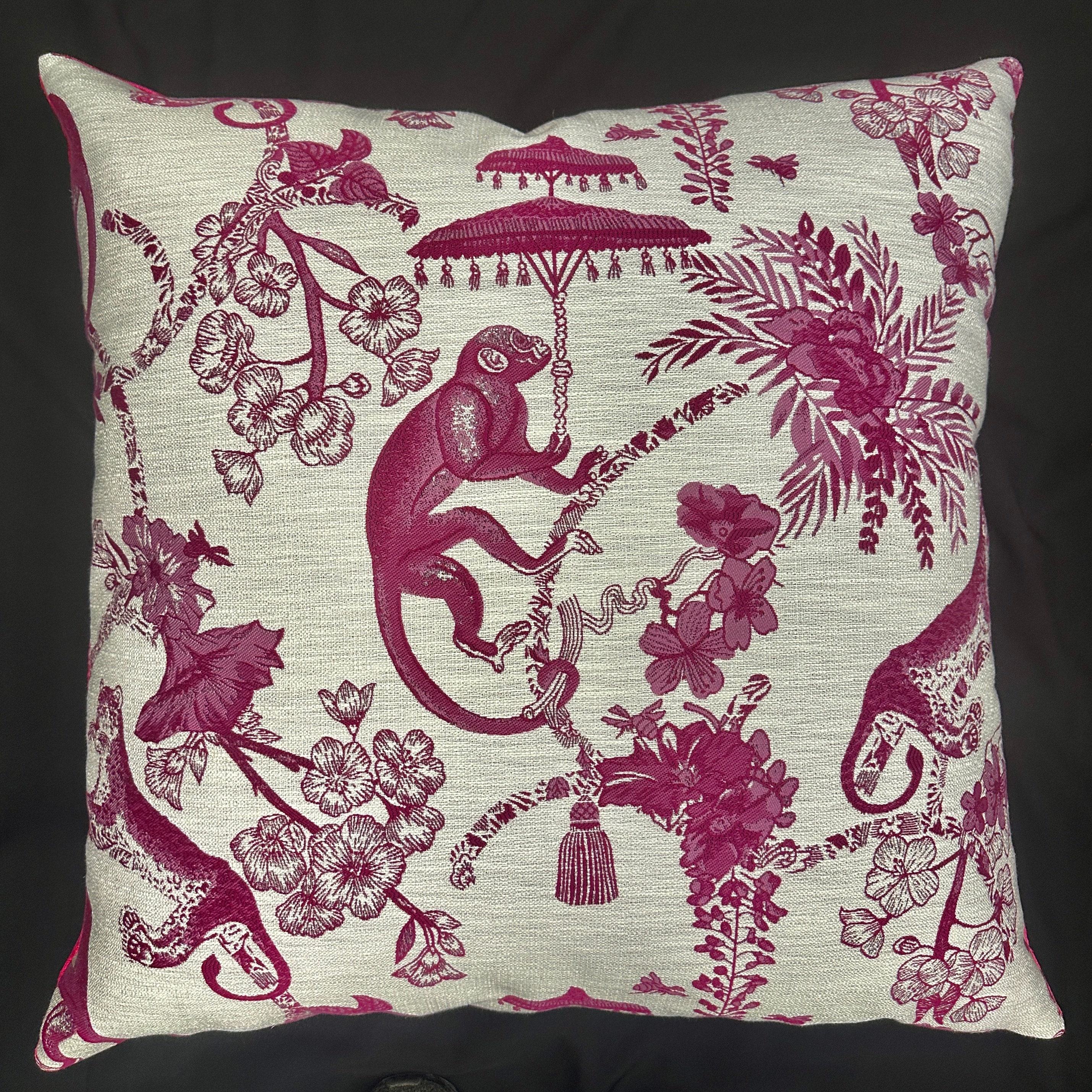 monkey pillow-monkey pillow cover-leopard pillow-jungle pillow-pink pillow-jungle scene pillow-pink and grey pillow-made in Usa-pink pillow