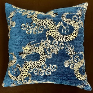 Chinese dragon pillow-velvet dragon pillow cover-dragon velvet pillow-blue dragon pillow-yellow chenille pillow-dragon pillow-Made in USA