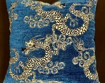 Chinese dragon pillow-velvet dragon pillow cover-dragon velvet pillow-blue dragon pillow-yellow chenille pillow-dragon pillow-Made in USA