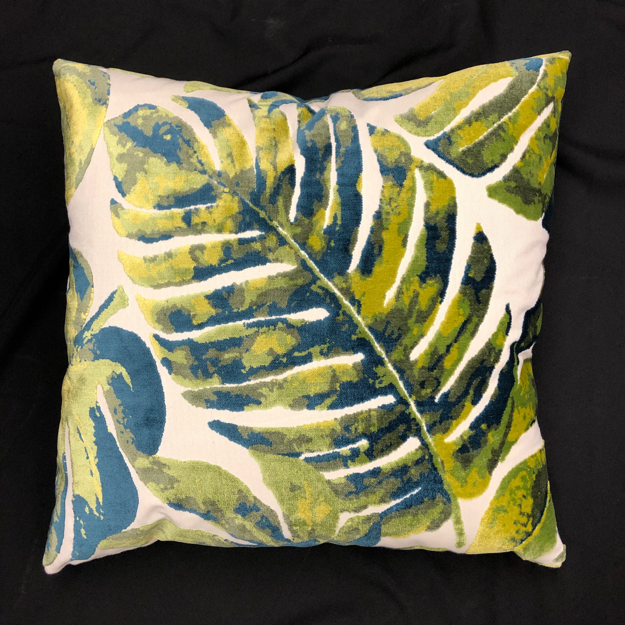 KD Spain — Palm Leaf Teal Tropical Woodblock Style Colorful Throw Pillow  Accent Decor