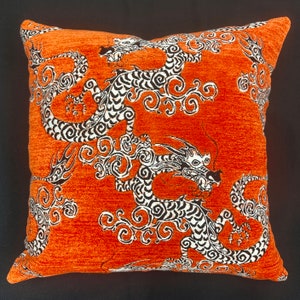 Chinese dragon pillow-velvet dragon pillow cover-dragon velvet pillow-orange dragon pillow-yellow chenille pillow-dragon pillow-Made in USA