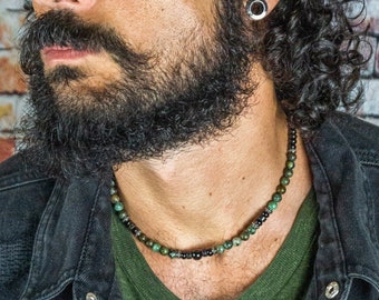 Collar de cuentas de ónix negro y turquesa africana verde para hombres- Collar impermeable con cuentas de piedras preciosas para hombres- Collar de gargantilla de declaración boho