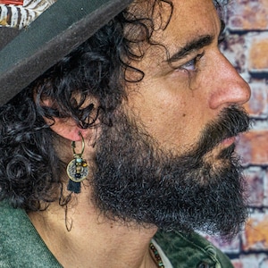 Mens Tassel Boho Beaded Earring For Men- Mens Antique Dangle Coin Charm Earring- Dangle Gemstone Bead Hoop Alternative Modern Pirate Earring