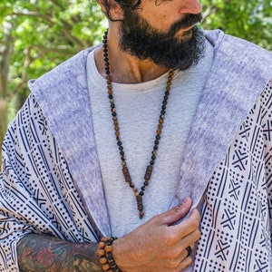Ebony Wood And Jasper Bead Tribal Necklace For Men- Mens Boho Rustic Mala Necklace- Long Wooden Beaded African Vintage Statement Necklace