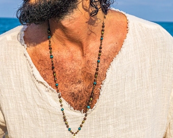 Skull Charm Pirate Pendant Necklace For Men- Coconut Wood & Gemstone Handmade Necklace- Mens  Adjustable Long Beaded Beach Necklace-