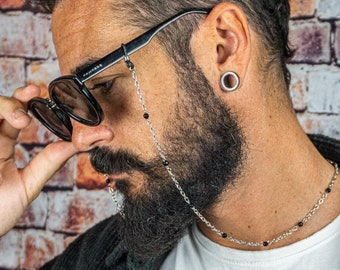 Cadena para gafas de acero inoxidable con cuentas de ónix negro. Cadena para gafas con cuentas de piedras preciosas negras. Cadena para gafas para hombre.
