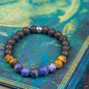 Infinite Universe-armband - unieke lavasteenkralenarmband met mat tijgeroog en blauwe sodaliet-edelsteen - yoga-armband voor heren