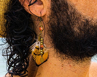 Single Mens Feather Earring, Pirate Earring, Men&#39;s Boho Hippie Real Feather Earring