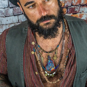 Boho Statement Necklace For Festivals- Long Layered Necklace Set For Men- Gypsy Chunky Colorful Necklace- Mens Bohemian Necklace