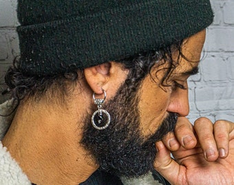 Black Pearl Pirate Hoop Earring- Circle Earring With Black Onyx Gemstone- Dangle Earring For Men- Mens Unusual Bronze And Silver Earring