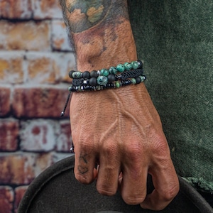 Ensemble de bracelets pour homme en pierres précieuses noires et jaspe vert - Bracelets réglables en obsidienne dorée - Ensemble de bracelets réglables en perles de macramé pour homme