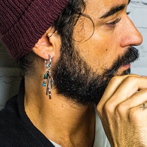 Unique Tribal Native Statement Earring For Men- Leather Fringe Long Dangle Earring- Mens Boho Wood Bead Earring-Stainless Steel Hoop Earring